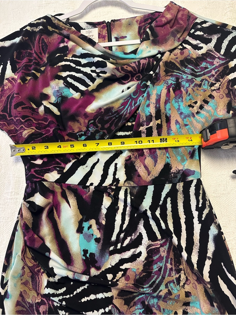 Abstract Zebra Print Cowl Neck Dress in Purple and Teal - Picture 3 of 5